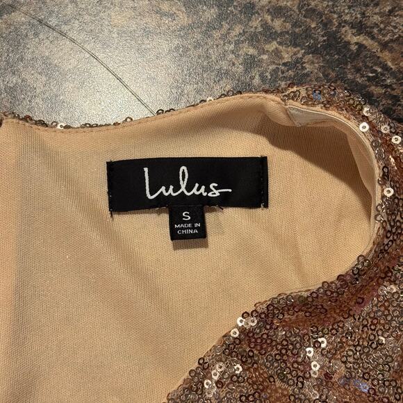 Lulus Dress All Over Sequin Y2K Hollywood Disco Glam Gatsby Rose Gold Small Flaw - Picture 2 of 11